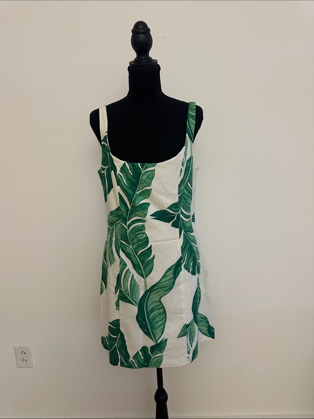 H&M White Mini Dress with Green Tropical Leaf Print